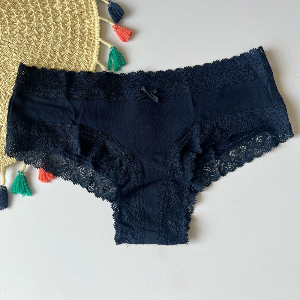 Victoria's Secret Lace Waist Cotton Cheeky Panty Navy Blue Small NEW